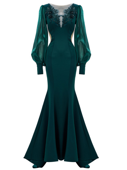 Black Statement Puff Sleeve Mermaid Gown | Beaded V-Neck Illusion Formal Dress qc15
