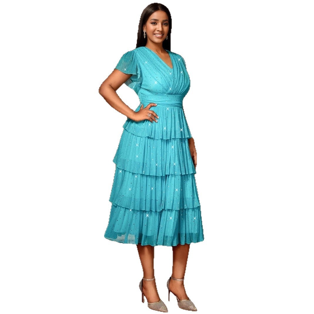 Plus-Sizes Sparkle Tiered Pleated Midi Dress with V-Neck AM050424	-UGENA FASHION
