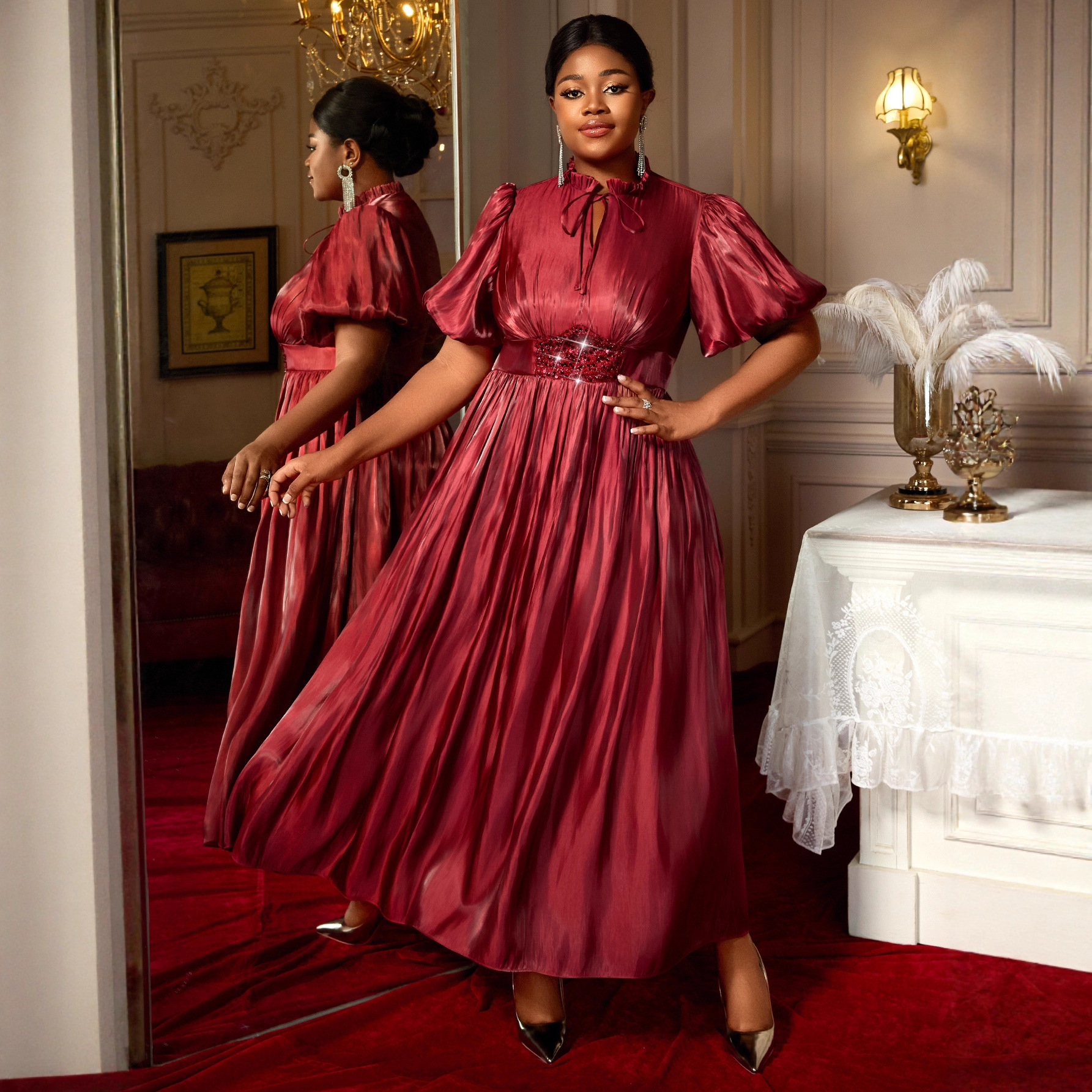 Plus-Sizes Elegant Satin Gown with Puff Sleeves - Sequin Waist Detail AM050429	-UGENA FASHION