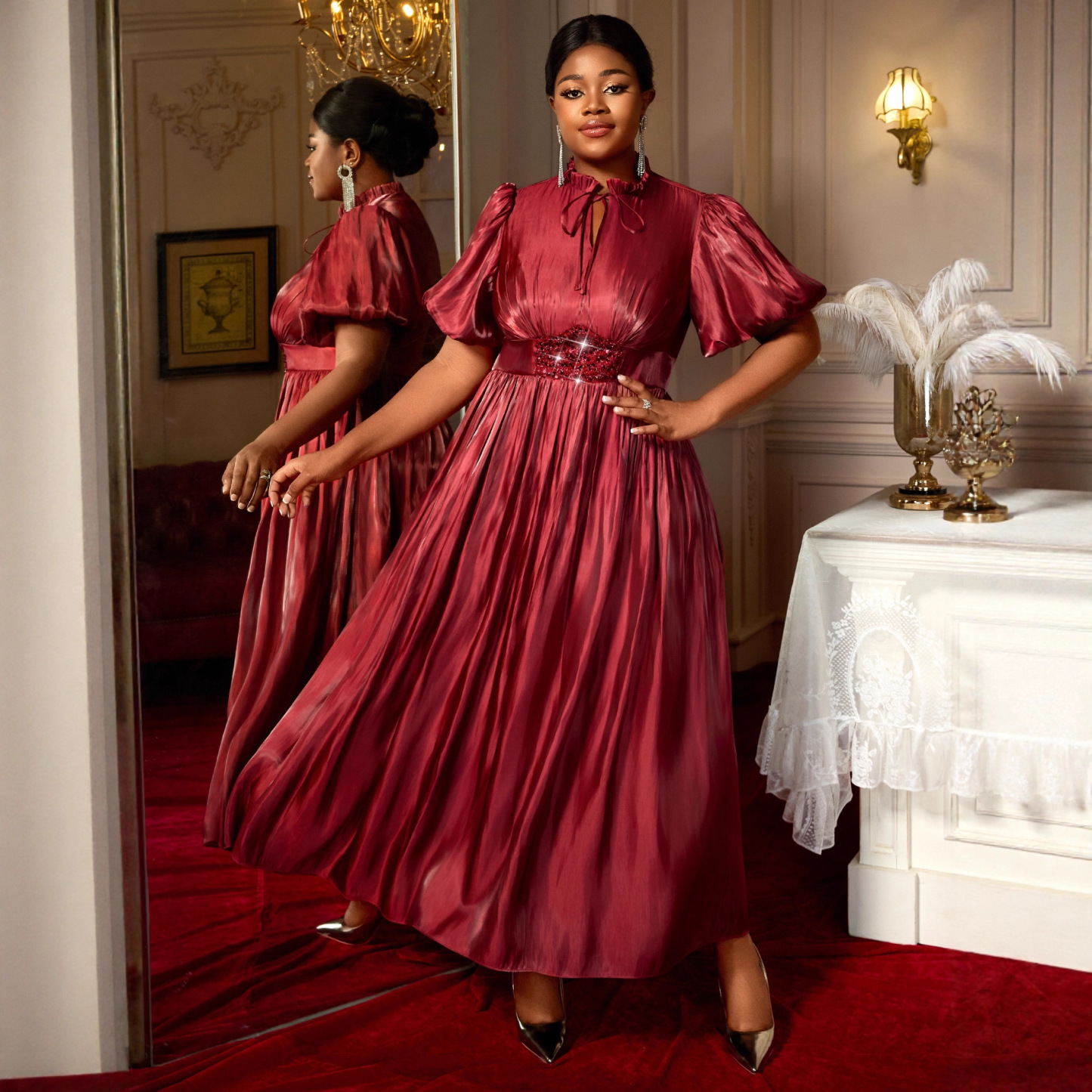 Plus-Sizes Elegant Satin Gown with Puff Sleeves - Sequin Waist Detail AM050429	-UGENA FASHION