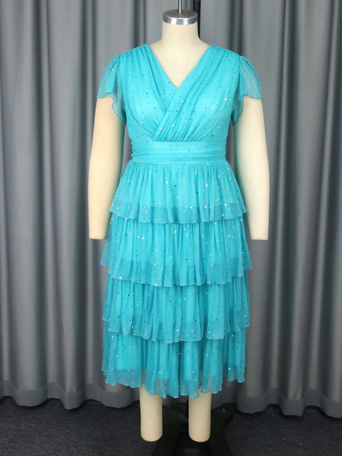 Plus-Sizes Sparkle Tiered Pleated Midi Dress with V-Neck AM050424	-UGENA FASHION