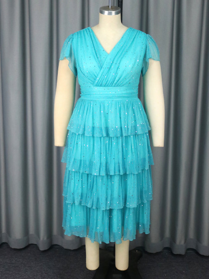 Plus-Sizes Sparkle Tiered Pleated Midi Dress with V-Neck AM050424	-UGENA FASHION