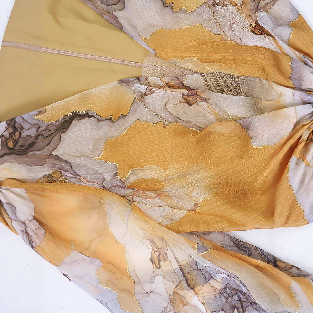 Marbled Print Chiffon Maxi Dress with Belt | Yellow V-Neck Balloon Long Sleeve Flowy Gown | Elegant Summer/Formal Occasion Wear qc18