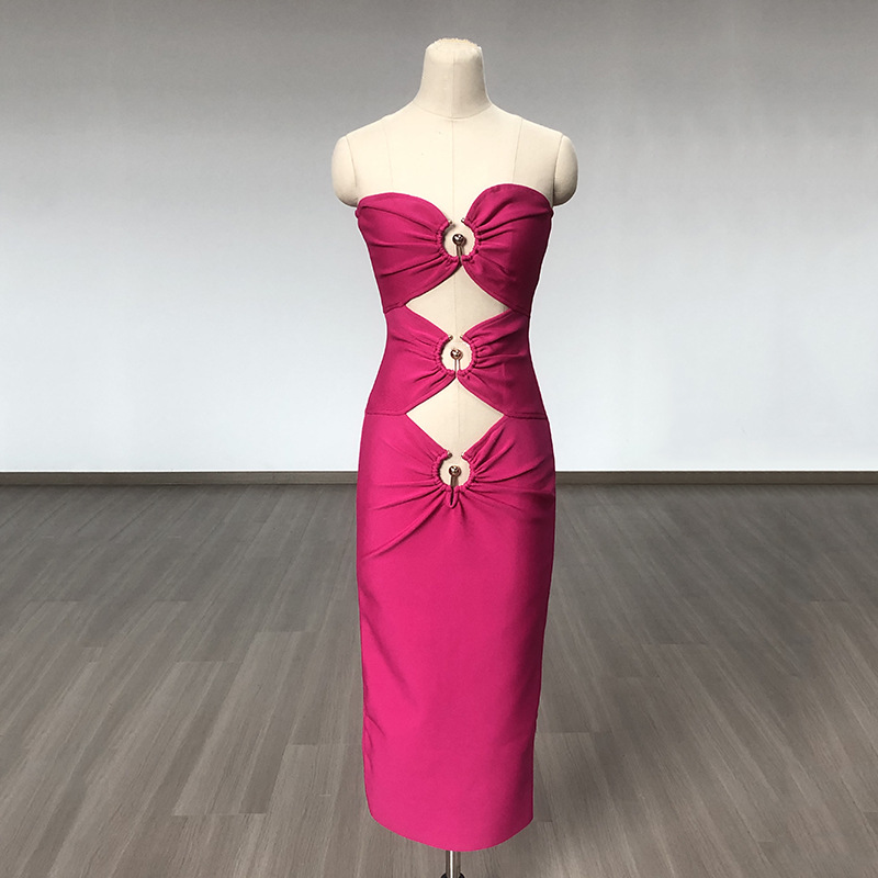 Fuchsia Pink Cutout Bandage Midi Dress with Gold Ring Details - Strapless Bodycon Party Dress BA359
