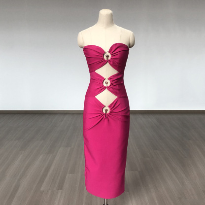 Fuchsia Pink Cutout Bandage Midi Dress with Gold Ring Details - Strapless Bodycon Party Dress BA359