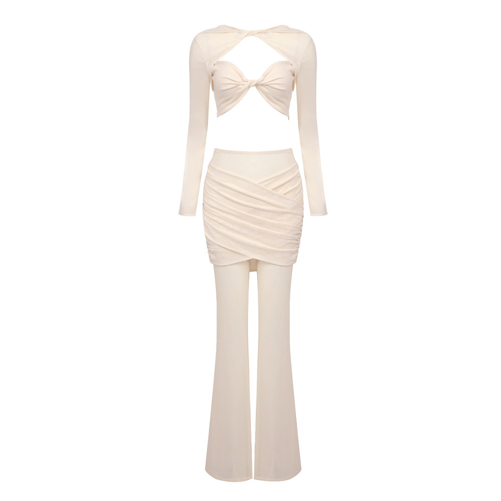 Sheer Mesh Twist Cutout 2 Piece Set - Long Sleeve Crop Top & Flared Pants Co-ord BD2513