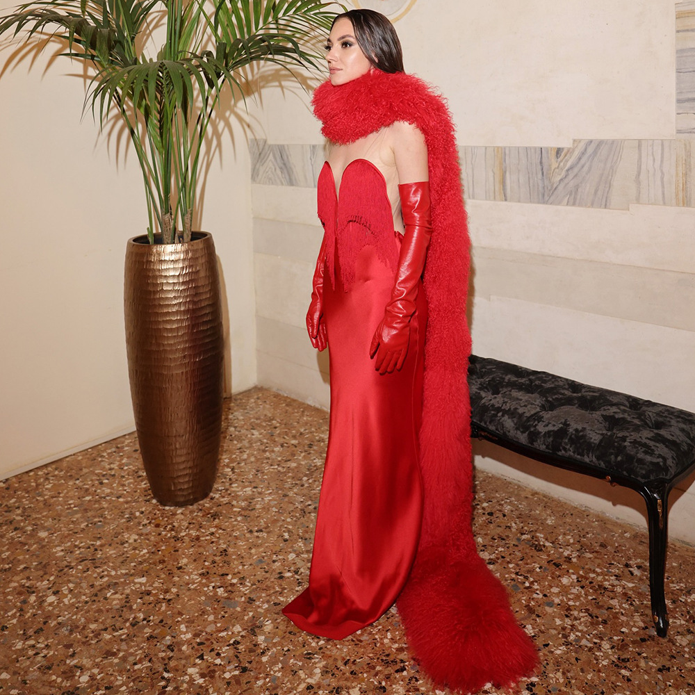 Luxury Red Satin Fringe Gown with Shaggy Faux Fur Cape Set Z0030