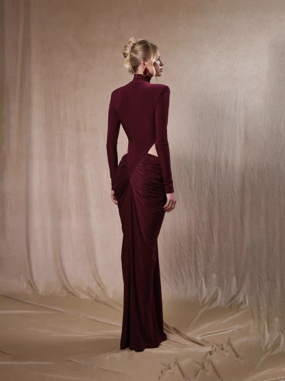 Sophisticated Wine Red Bodycon Gown - Padded Shoulder Cut-Out Ruched Maxi Dress for Formal Party BD2675