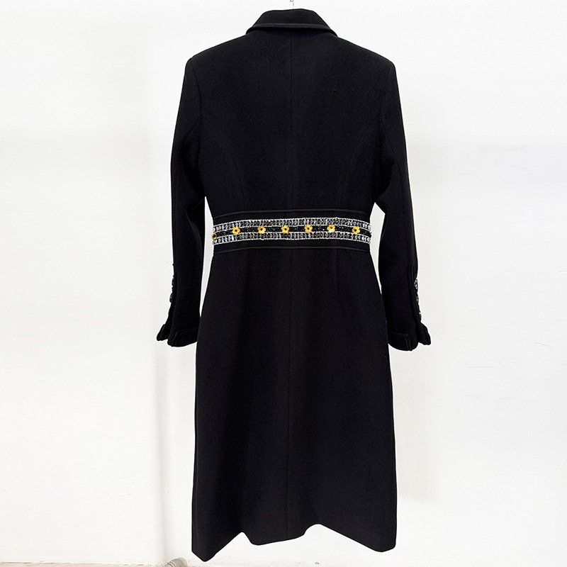 Elegant Black Slim-Fit Coat with Gold Embellished Waist Band 3086