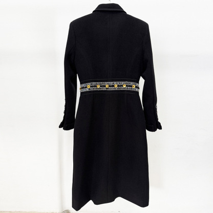 Elegant Black Slim-Fit Coat with Gold Embellished Waist Band 3086