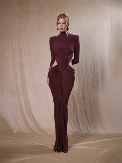 Sophisticated Wine Red Bodycon Gown - Padded Shoulder Cut-Out Ruched Maxi Dress for Formal Party BD2675