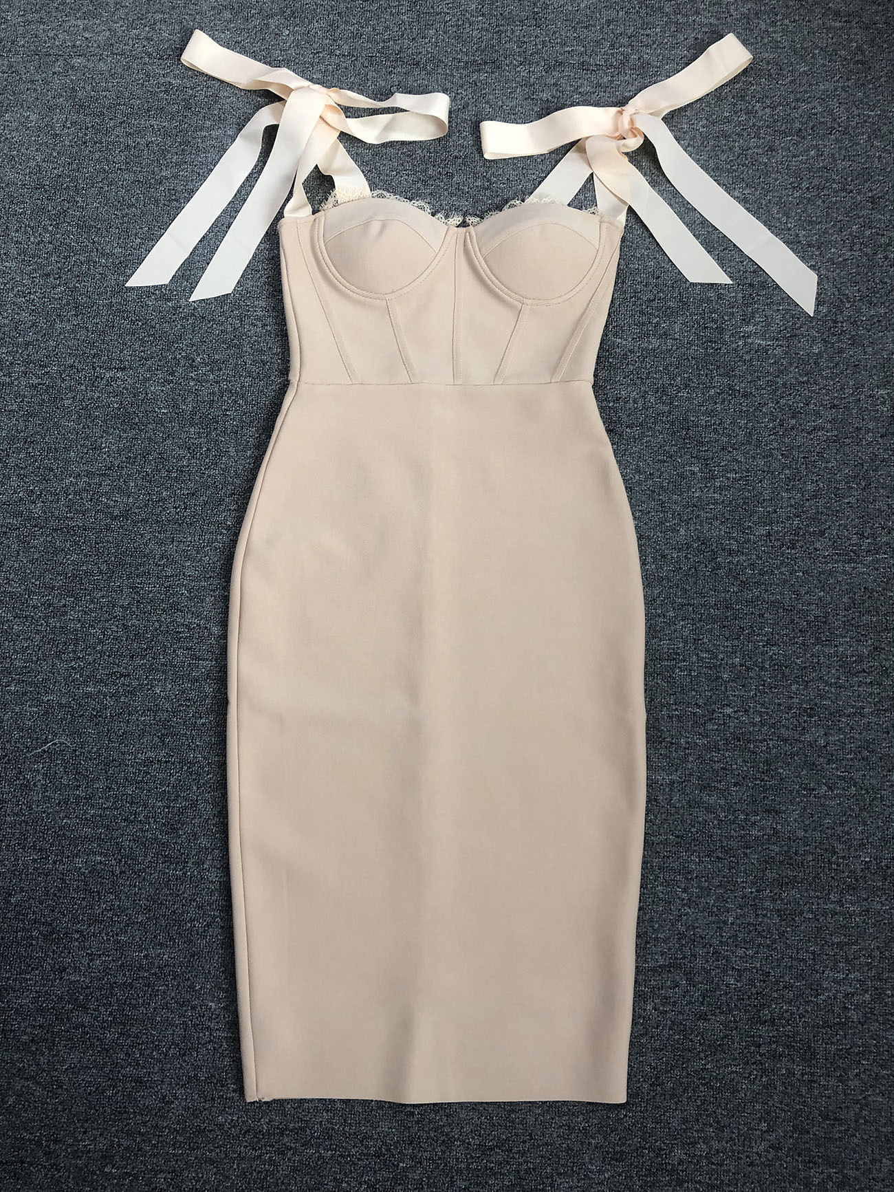 Nude Satin Bow Tie Bandage Midi Dress - Lace Trim Corset Bodycon Cocktail Dress BA334