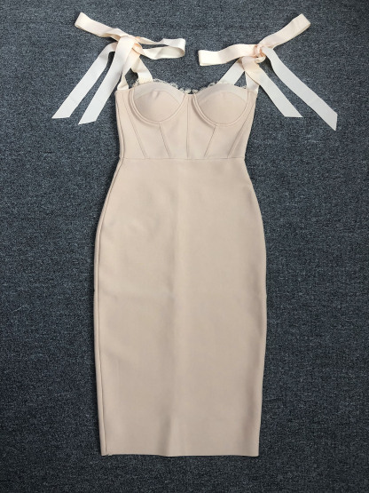Nude Satin Bow Tie Bandage Midi Dress - Lace Trim Corset Bodycon Cocktail Dress BA334