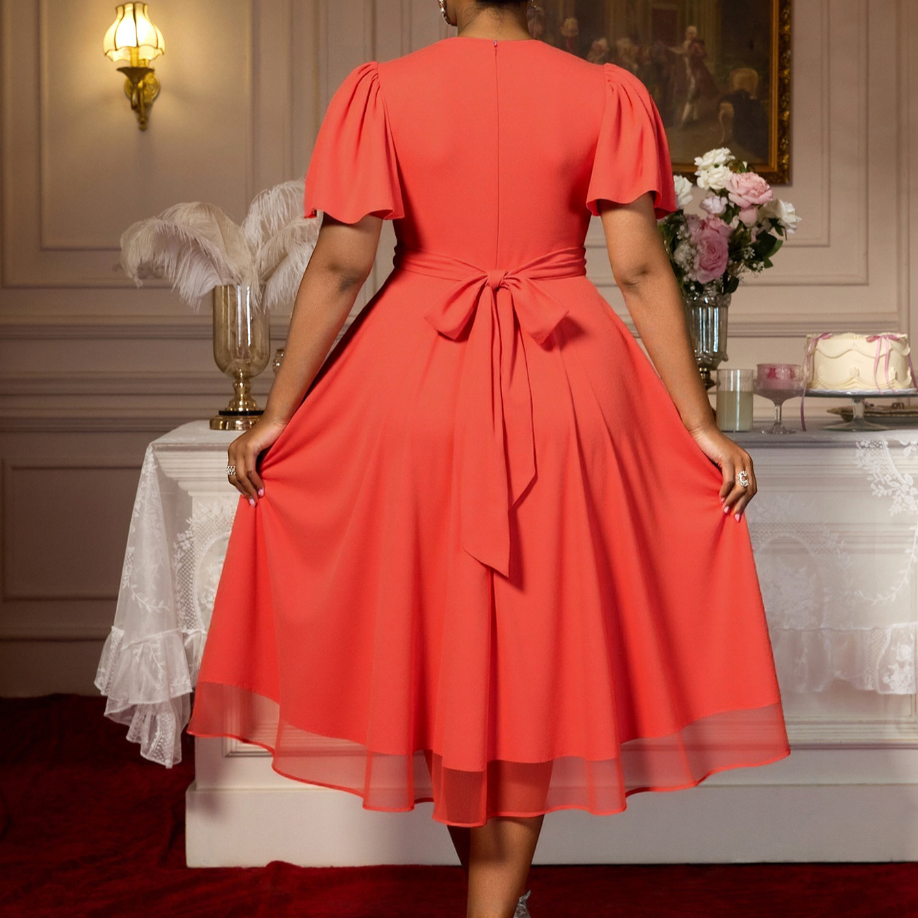 Plus-Sizes Elegant Flutter Sleeve Dress with Rhinestone Detail AM050506-UGENA FASHION