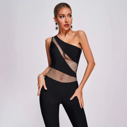Dazzling One Shoulder Crystal Mesh Jumpsuit – Black Flared Leg Bodycon Romper BA352