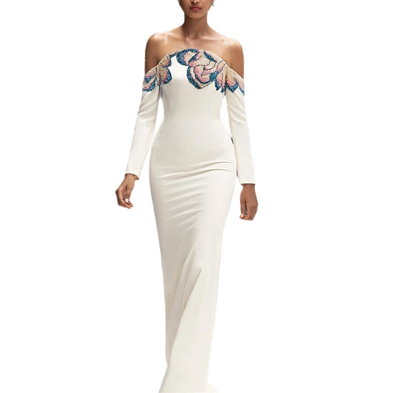 Elegant Off-the-Shoulder Mermaid Evening Gown - Long Sleeve White Formal Dress with Floral Sequin Appliqué 9100