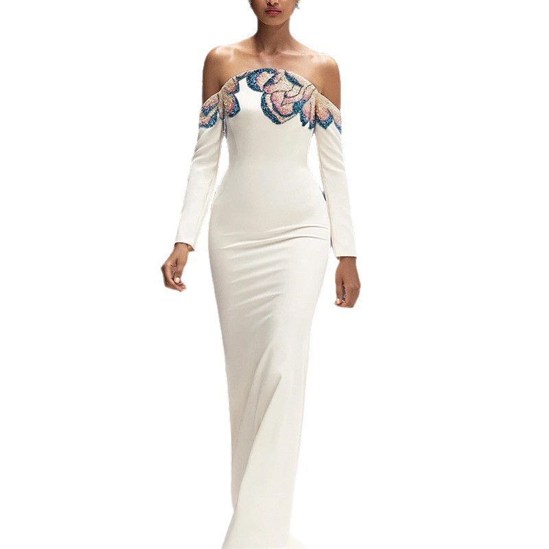 Elegant Off-the-Shoulder Mermaid Evening Gown - Long Sleeve White Formal Dress with Floral Sequin Appliqué 9100
