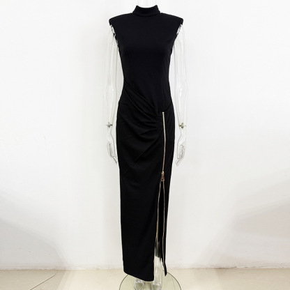 Sexy Black High Neck Maxi Dress with Gold Zipper Slit 3083