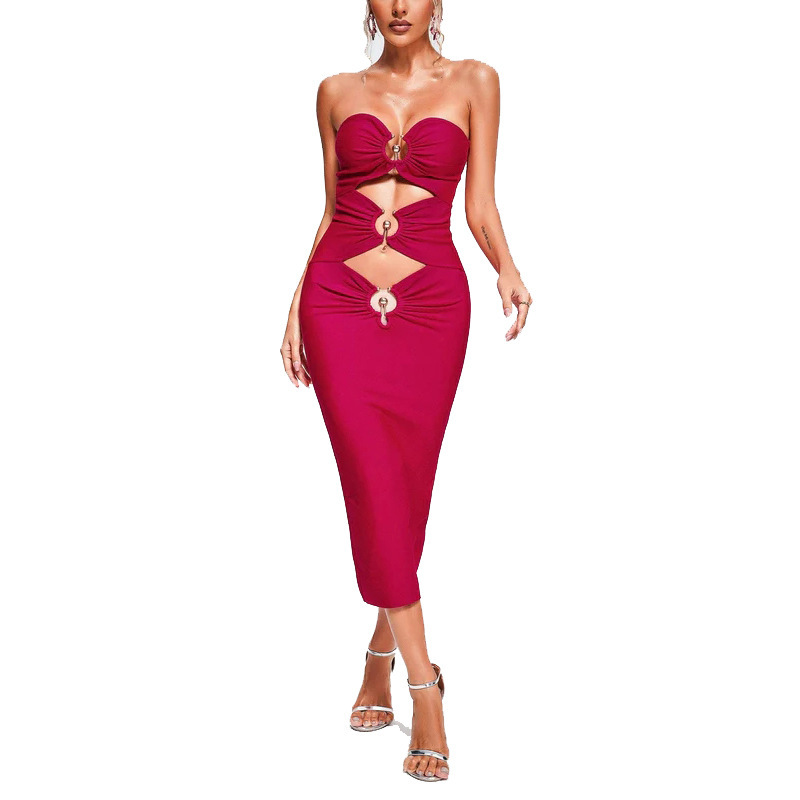 Fuchsia Pink Cutout Bandage Midi Dress with Gold Ring Details - Strapless Bodycon Party Dress BA359