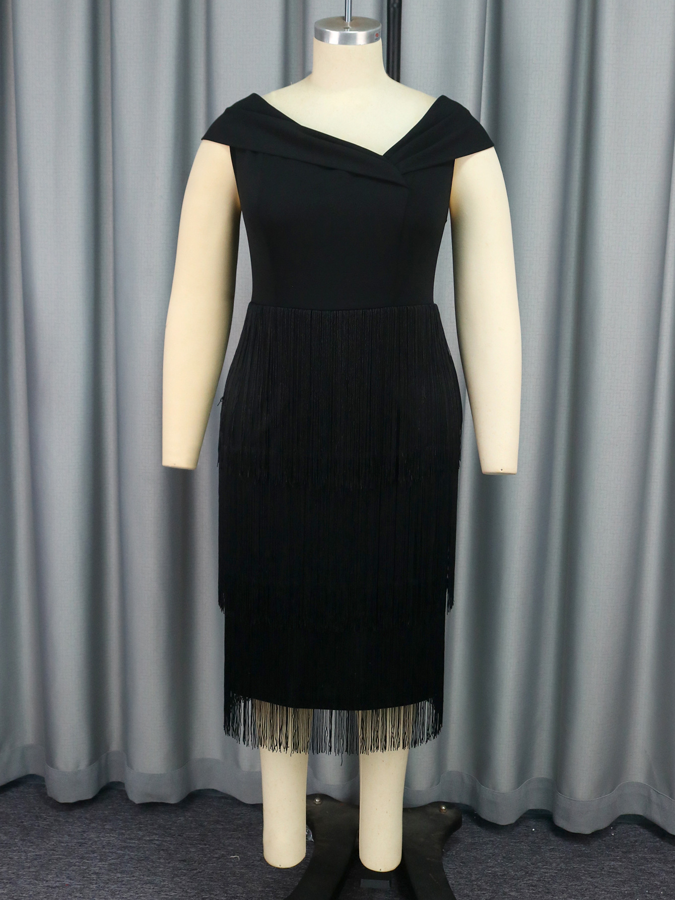Plus-Sizes Off-Shoulder Fringe Detail Cocktail Dress AM041114-UGENA FASHION