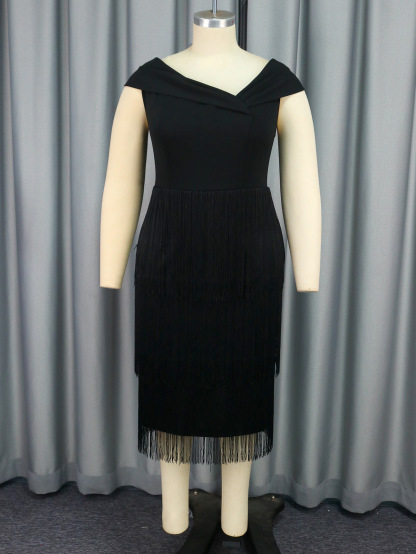Plus-Sizes Off-Shoulder Fringe Detail Cocktail Dress AM041114-UGENA FASHION