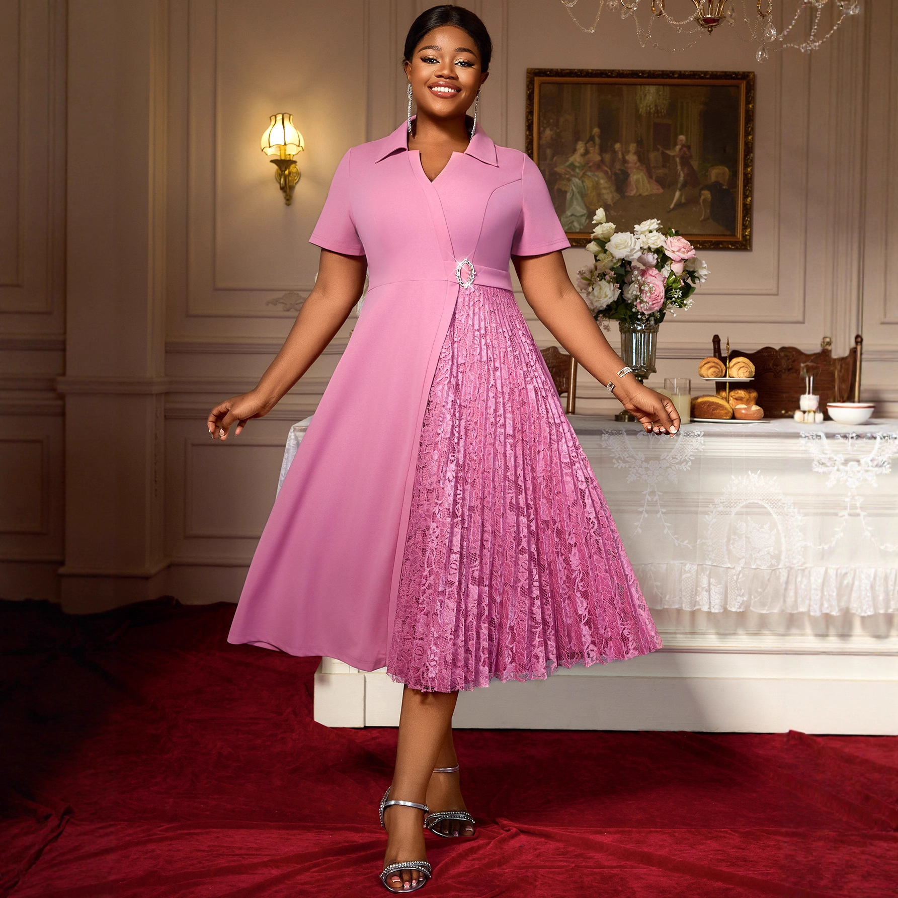 Plus-Sizes Chic A-Line Dress with Pleated Lace Skirt - Elegant Formal Wear AM050511	-UGENA FASHION
