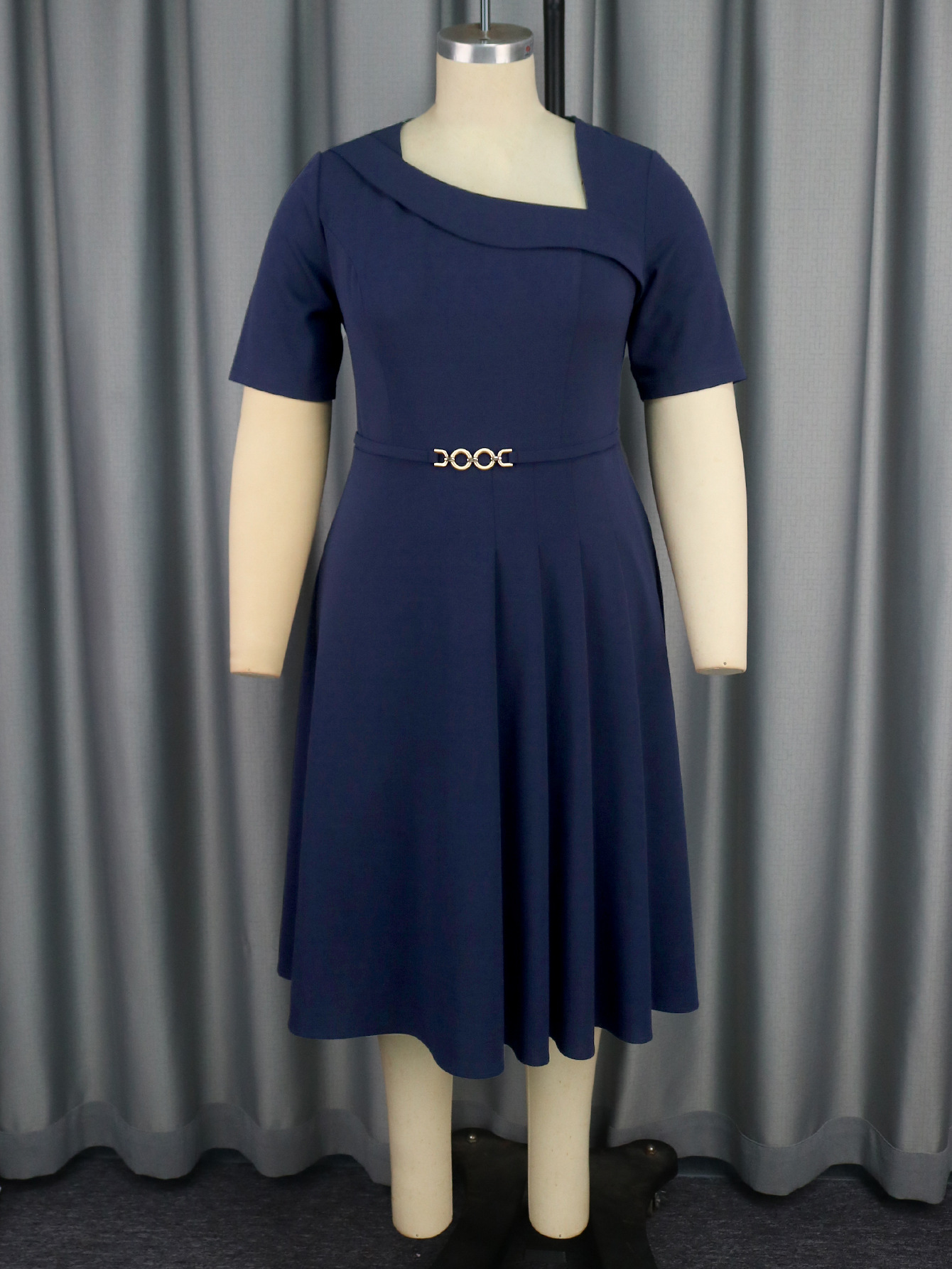 Plus-Sizes  Asymmetric Neck Pleated A-line Dress with Short Sleeves AM040926-UGENA FASHION