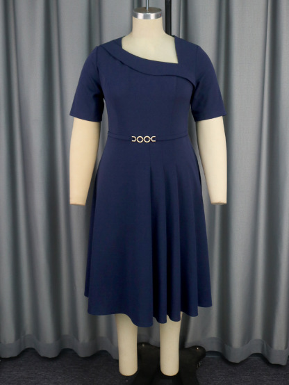Plus-Sizes  Asymmetric Neck Pleated A-line Dress with Short Sleeves AM040926-UGENA FASHION