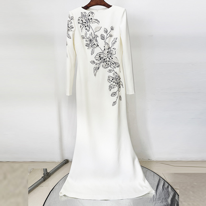 Elegant White Hand-Beaded Floral Long Sleeve Mermaid Gown 3080
