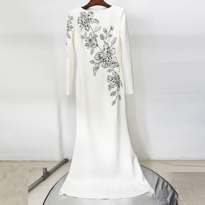 Elegant White Hand-Beaded Floral Long Sleeve Mermaid Gown  3080