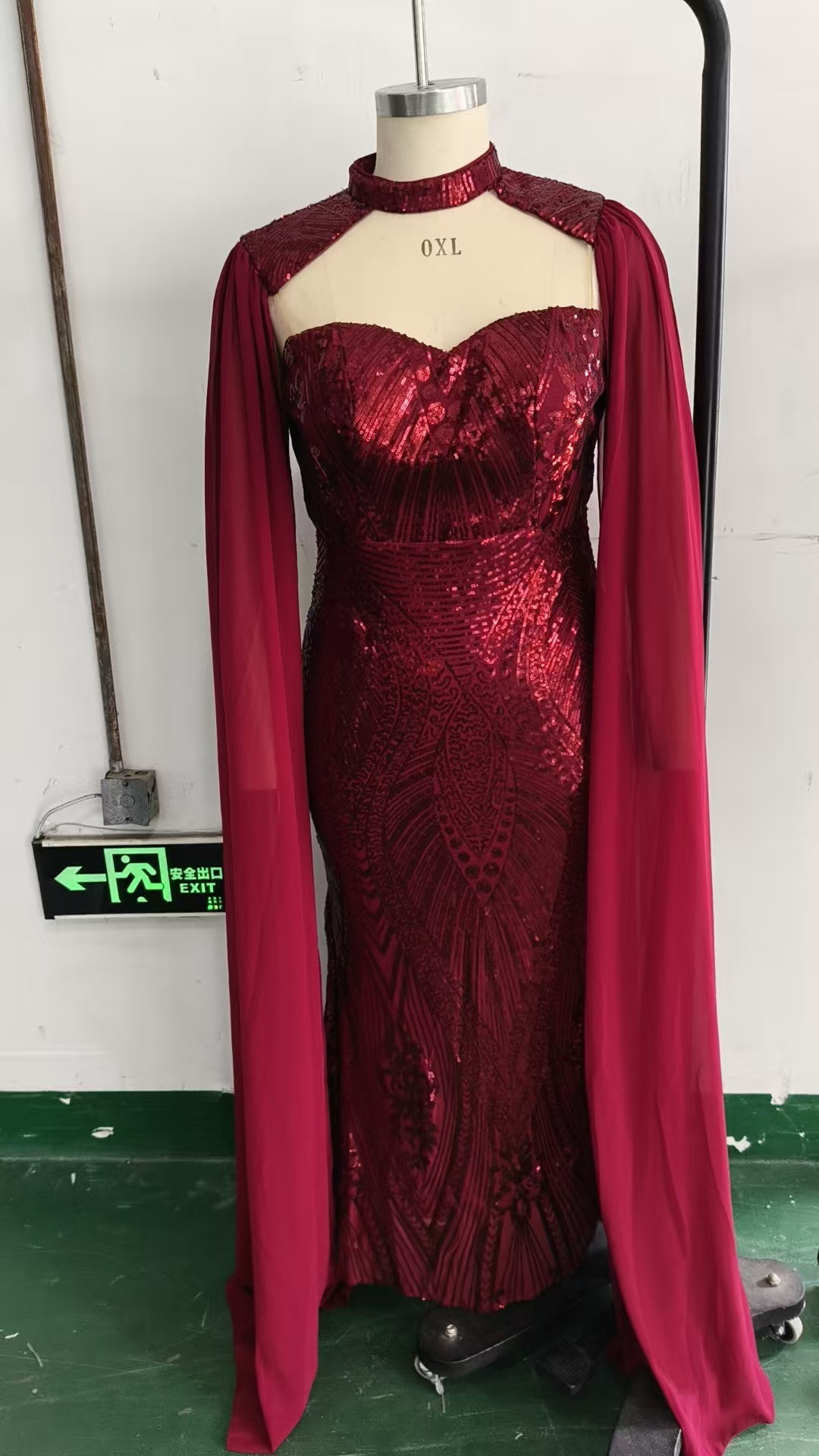 Dramatic Burgundy Sequin Mermaid Gown | High Neck Keyhole & Flowing Cape Sleeves Evening Dress pmq0001