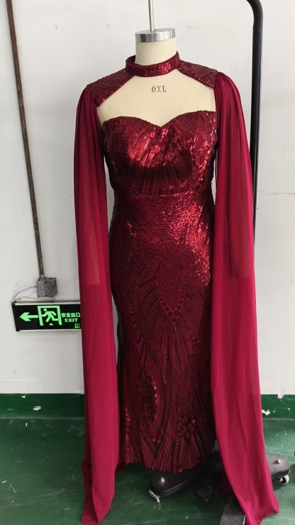 Dramatic Burgundy Sequin Mermaid Gown | High Neck Keyhole & Flowing Cape Sleeves Evening Dress pmq0001