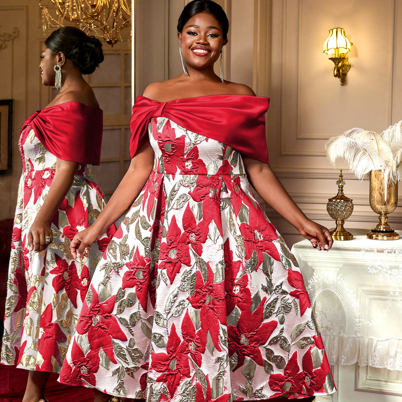 Plus-Sizes Floral Brocade Off-Shoulder Midi Cocktail Dress AM050225			-UGENA FASHION
