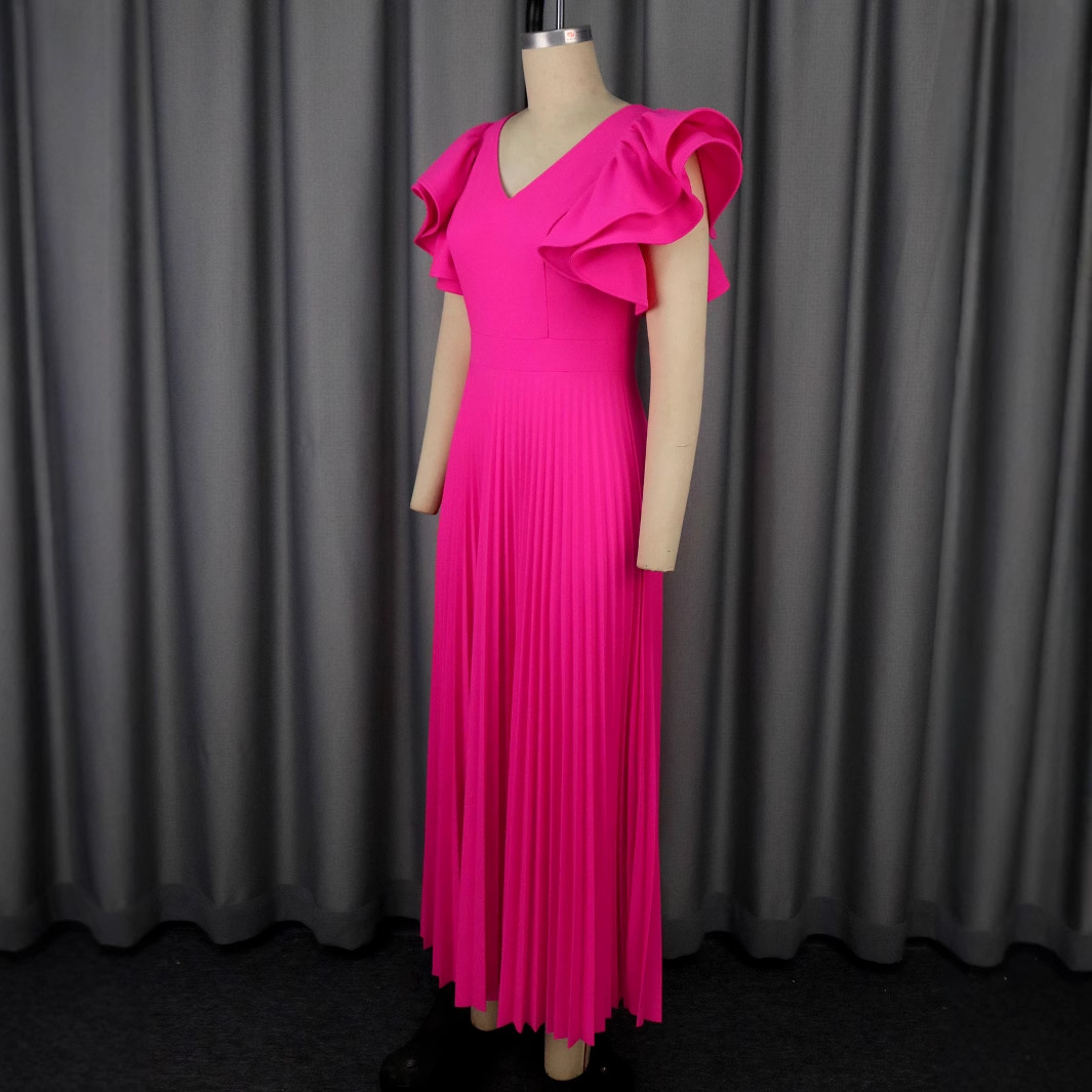 Plus-Sizes V-Neck Ruffle Sleeve Pleated A-Line Maxi Dress - Elegant Solid Pink Party Gown AM050446	-UGENA FASHION