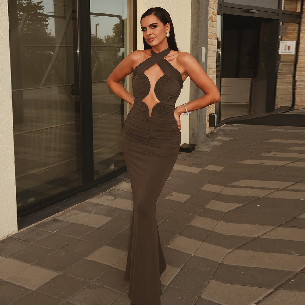 Mocha Brown Halter Cutout Ruched Maxi Dress - Cross Strap Plunge Neck Bodycon Gown BD2662