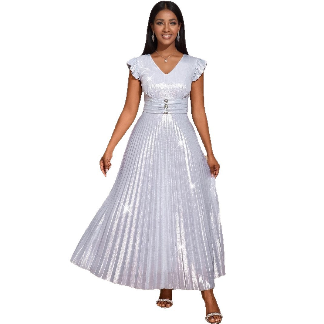 Plus-Sizes Glamorous Metallic Pleated Maxi Dress with V-Neck and Ruffle Sleeves - Elegant Silver Formal Gown AM050341	-UGENA FASHION