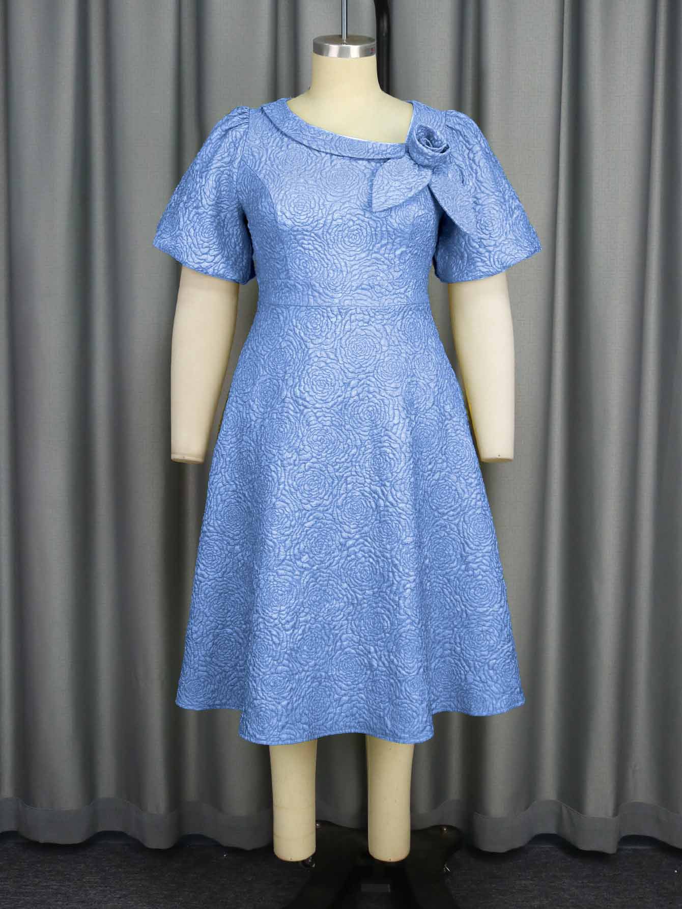 Plus-Sizes Elegant Jacquard Rose A-line Dress with Asymmetric Bow Neckline - Perfect for Wedding & Cocktail Parties AM040856	-UGENA FASHION