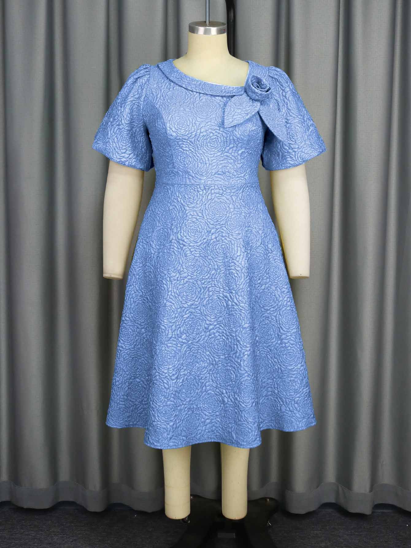 Plus-Sizes Elegant Jacquard Rose A-line Dress with Asymmetric Bow Neckline - Perfect for Wedding & Cocktail Parties AM040856	-UGENA FASHION