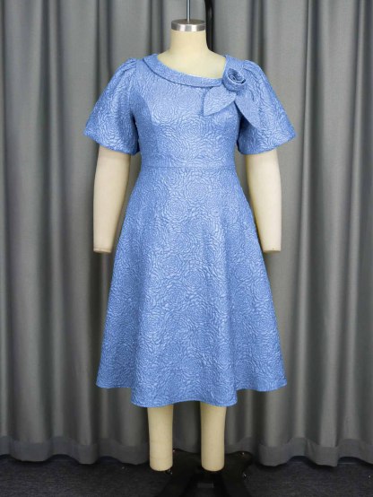 Plus-Sizes Elegant Jacquard Rose A-line Dress with Asymmetric Bow Neckline - Perfect for Wedding & Cocktail Parties AM040856	-UGENA FASHION
