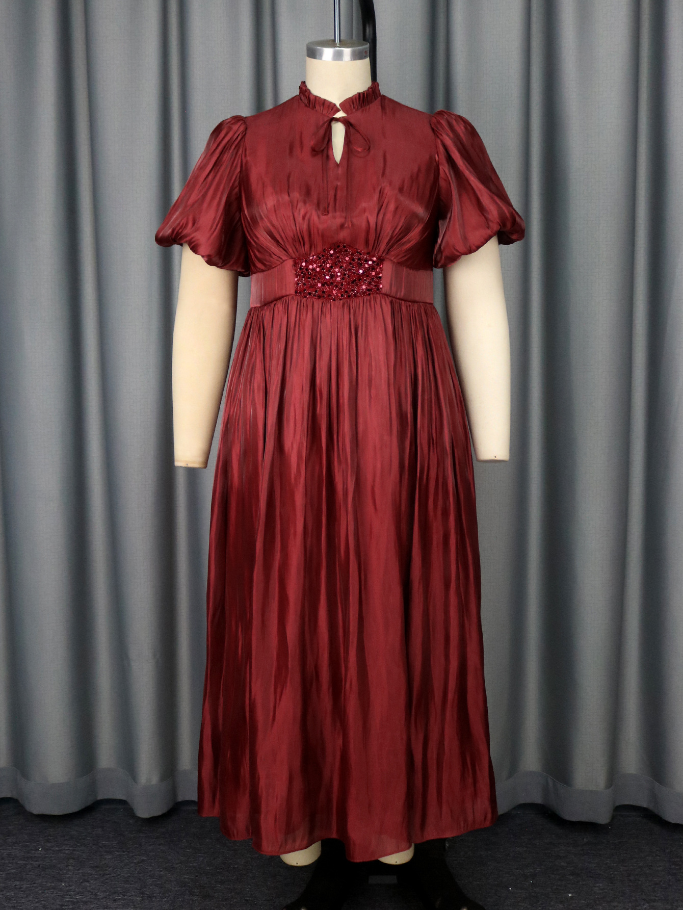 Plus-Sizes Elegant Satin Gown with Puff Sleeves - Sequin Waist Detail AM050429	-UGENA FASHION