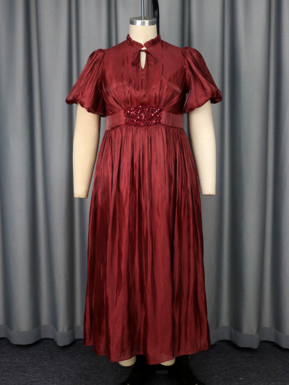 Plus-Sizes Elegant Satin Gown with Puff Sleeves - Sequin Waist Detail AM050429	-UGENA FASHION