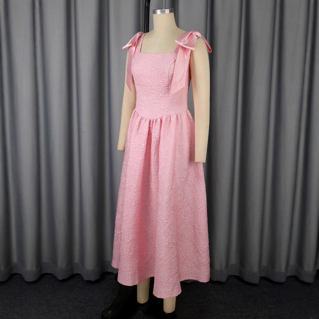 Plus-Sizes Chic Pink Jacquard Midi Dress with Shoulder Bows AM050553	-UGENA FASHION