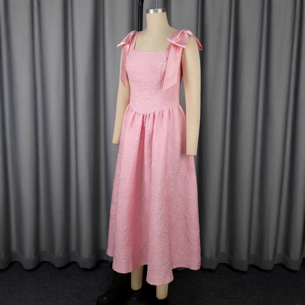 Plus-Sizes Chic Pink Jacquard Midi Dress with Shoulder Bows AM050553	-UGENA FASHION