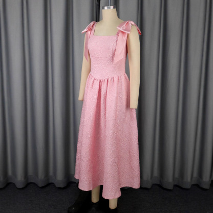 Plus-Sizes Chic Pink Jacquard Midi Dress with Shoulder Bows AM050553	-UGENA FASHION