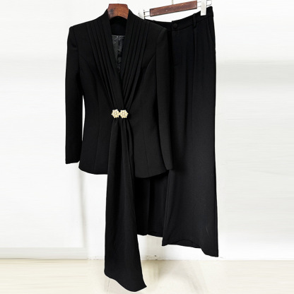 Luxurious Women's Black Evening Suit Set - Pleated Cinch-Waist Blazer with Jeweled Brooch & Wide-Leg Trousers - Elegant 2-Piece Formal Gown Alternative for Galas 2901