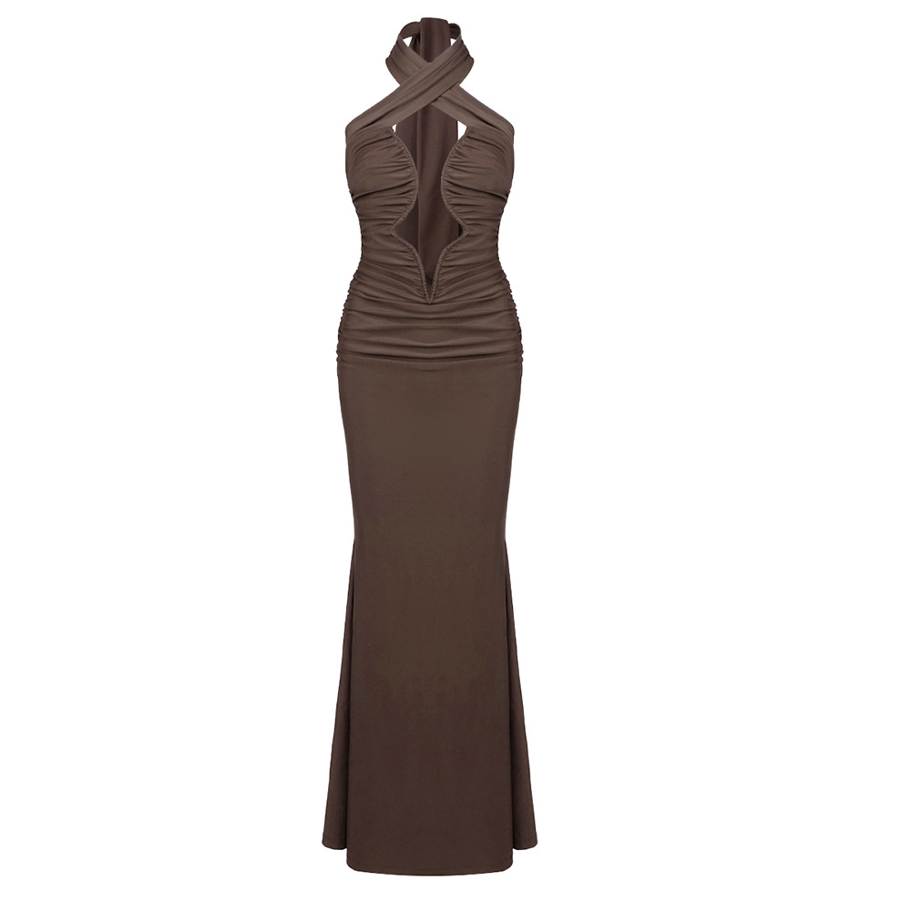 Mocha Brown Halter Cutout Ruched Maxi Dress - Cross Strap Plunge Neck Bodycon Gown BD2662