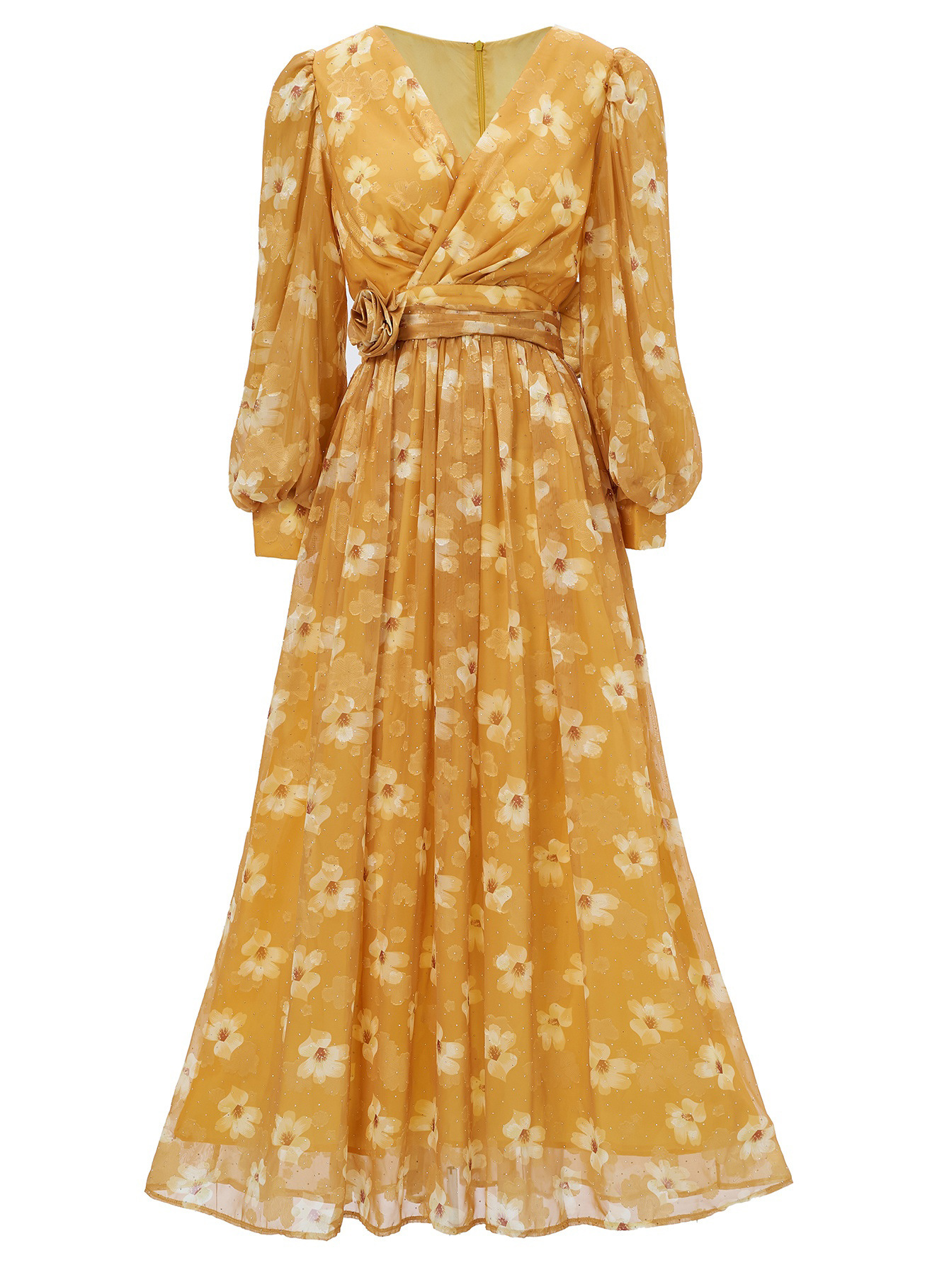 Navy Floral & Polka Dot Chiffon Maxi Dress | Vintage V-Neck Long Puff Sleeve Gown with Ruched Waist | Fall/Winter Formal Occasion Wear qc22