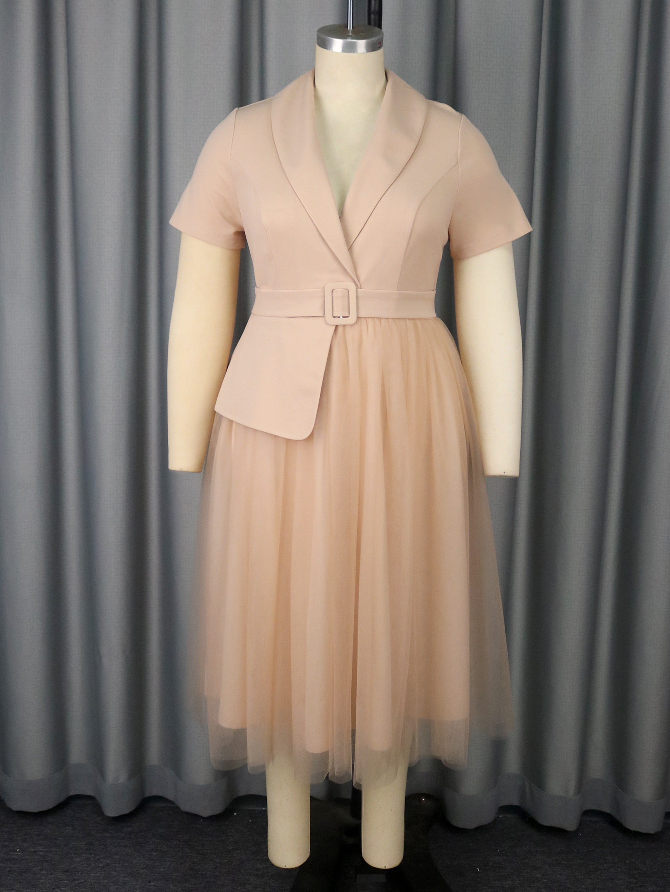 Plus-Sizes Chic Belted Peplum Mesh Dress - Elegant  Formal Gown AM050443	-UGENA FASHION