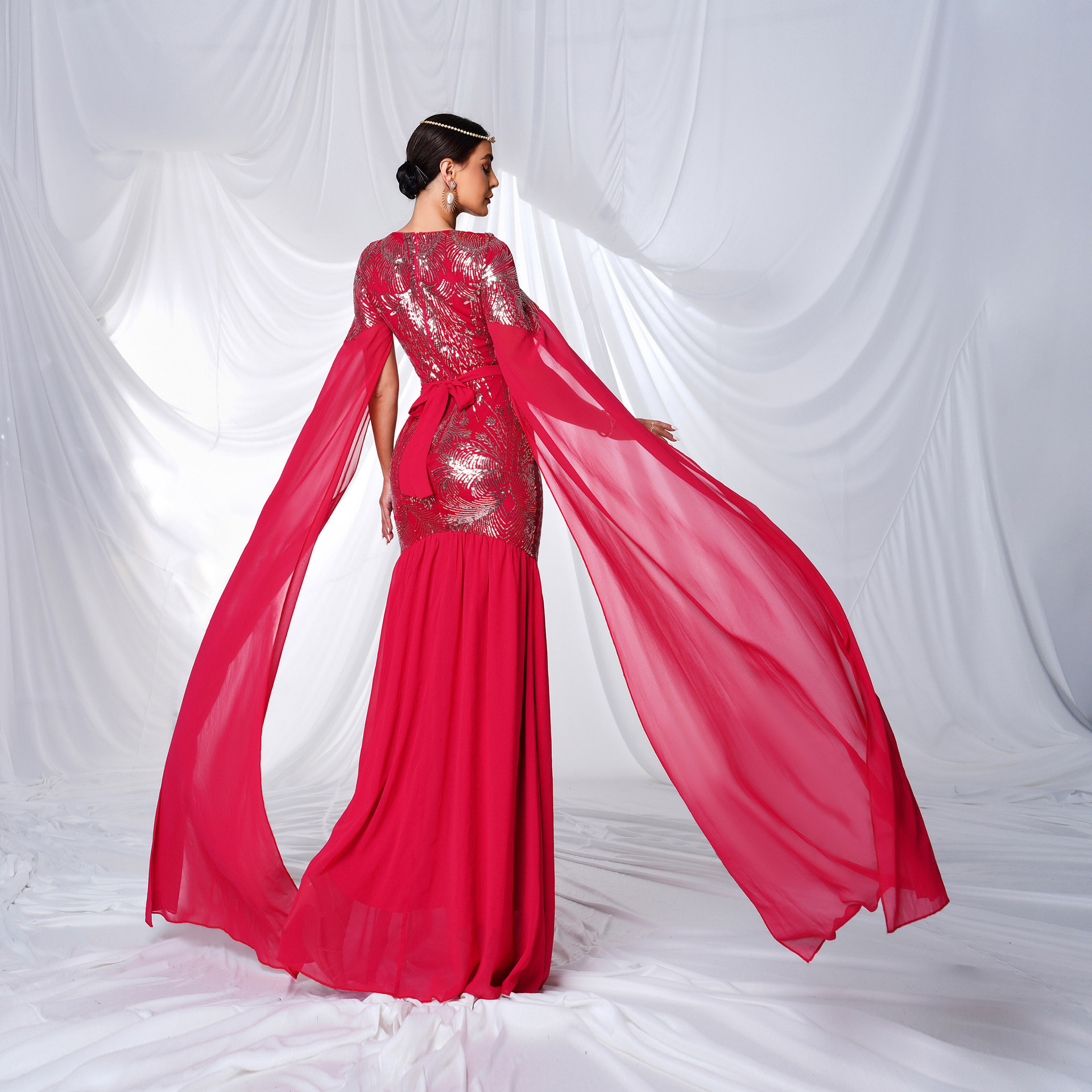Regal Red Sequin Mermaid Gown with Flowing Cape Sleeves | Modest Arabic Kaftan Formal Dress mes00430