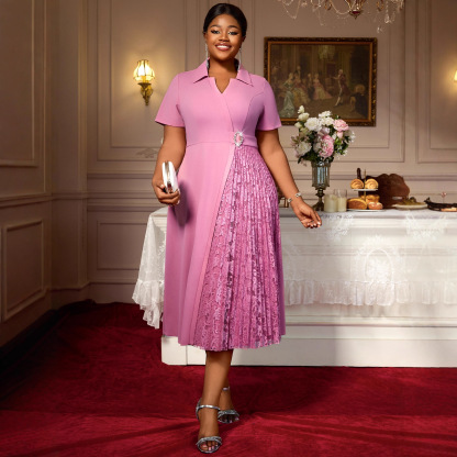 Plus-Sizes Chic A-Line Dress with Pleated Lace Skirt - Elegant Formal Wear AM050511	-UGENA FASHION